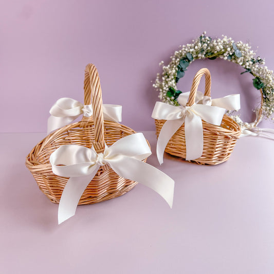 Flower Girl Basket with Ribbon - Natural - Tiny and Mini